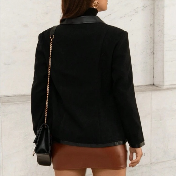 Black collared leather trim button front blazer jacket - Picture 4 of 4
